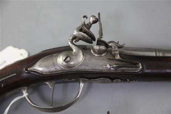 A pair of 20 bore Flemish flintlock holster pistols by C. Chaplot A. Adelshein, late 17th century, 12.75in. barrels, overall 20in.